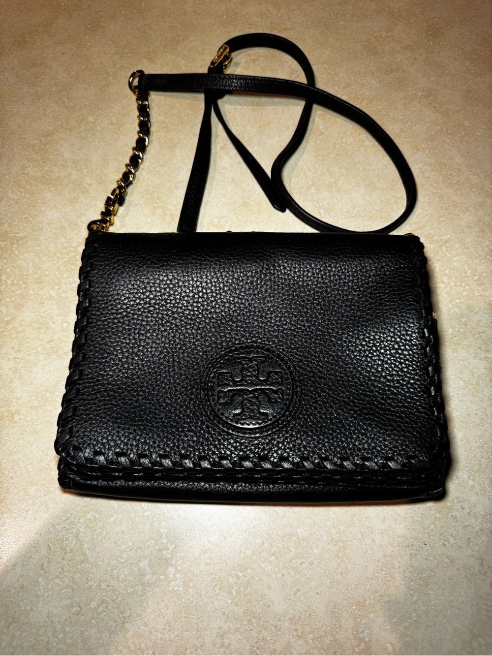 Vtg Tory Burch Marion Black Leather Whipstitch Crossbody Bag Pre-loved